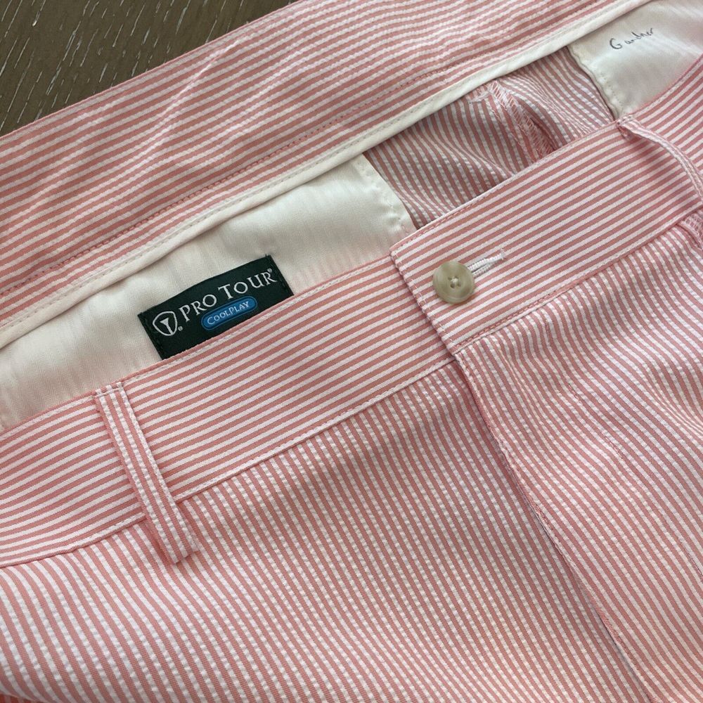 PRO TOUR Mens 38 Cool Play Golf Shorts Seersucker Pink/White Striped ~ EXCELLENT